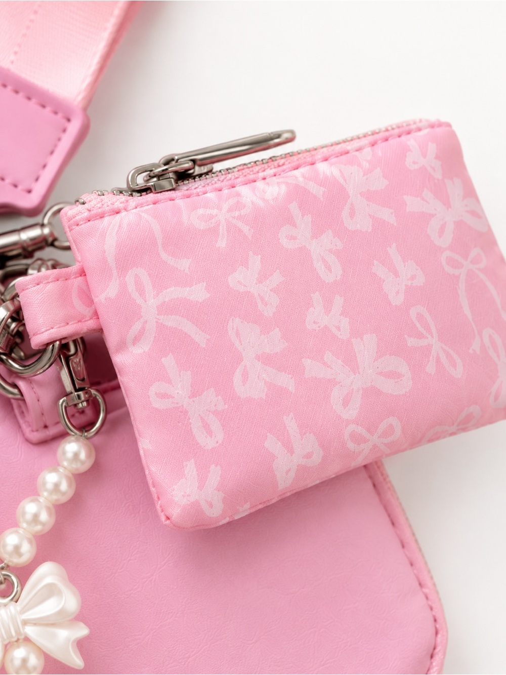 Pink Dual Wristlet Keychain Coin Pouch Card Holder Pearl Bow Charm NWT - Picture 3 of 8